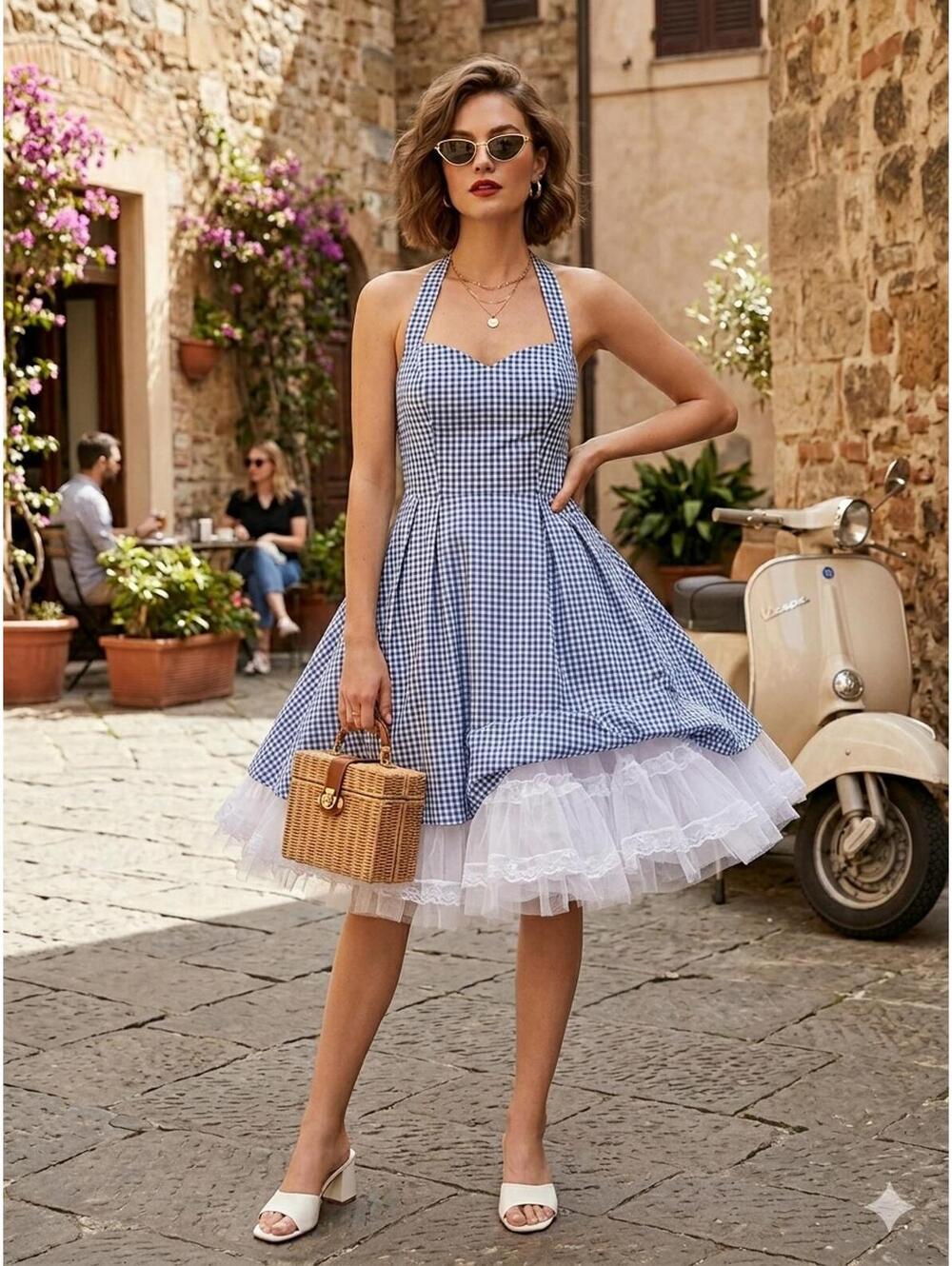 Lauren James Blue White Gingham Halter Tie Back L Retro